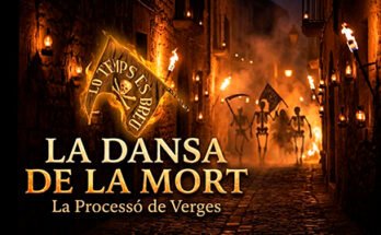 Portada cinematogràfica de la Dansa de la Mort de Verges 2026: Esquelets i torxes al carrer medieval.