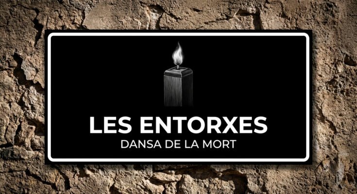 Imatge gràfica d'una torxa quadrada encesa típica de la processó de Verges, sobre cartell negre.