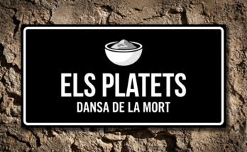 Il·lustració d'un platet amb cendra sobre placa negra, símbol de l'esquelet que porta la cendra a la Dansa de la Mort de Verges.