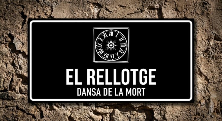 Icona d'una esfera de rellotge sense agulles sobre fons de pedra, representant el personatge d'El Rellotge a Verges.