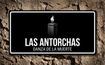 Imagen gráfica de una antorcha cuadrada encendida típica de la procesión de Verges, sobre cartel negro.