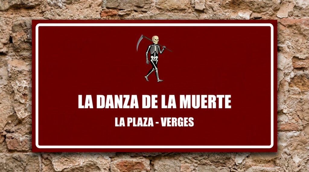 Icono de esqueleto con guadaña sobre fondo granate, Danza de la Muerte.