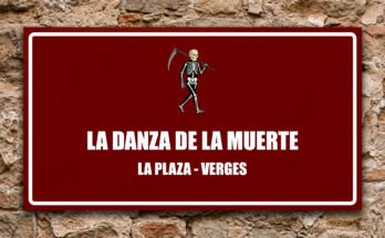 Icono de esqueleto con guadaña sobre fondo granate, Danza de la Muerte.