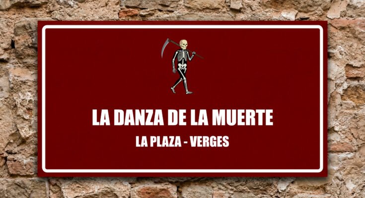 Icono de esqueleto con guadaña sobre fondo granate, Danza de la Muerte.