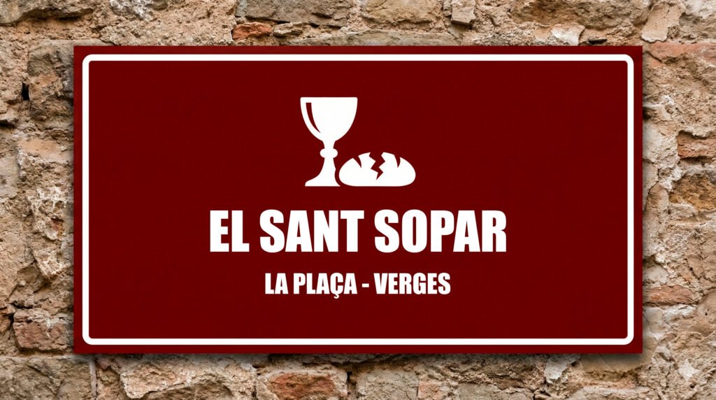 Icona d'un calze i pa partit sobre fons grana, símbol de l'Eucaristia al Sant Sopar de Verges.