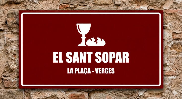 Icona d'un calze i pa partit sobre fons grana, símbol de l'Eucaristia al Sant Sopar de Verges.