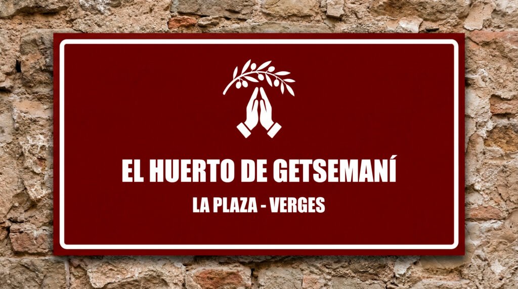 Icono de manos rezando bajo olivo sobre fondo granate, Huerto de Getsemaní.