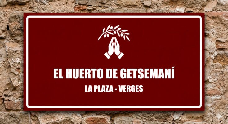 Icono de manos rezando bajo olivo sobre fondo granate, Huerto de Getsemaní.