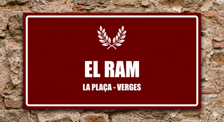 Icona de branques de llorer sobre fons grana, símbol de l'entrada de Jesús a Jerusalem (El Ram) a Verges.