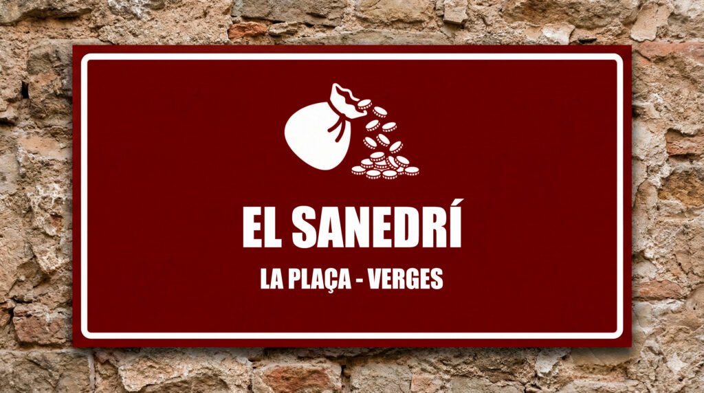 Icona d'una bossa de monedes oberta sobre fons grana, representant la traïció de Judes al Sanedrí.