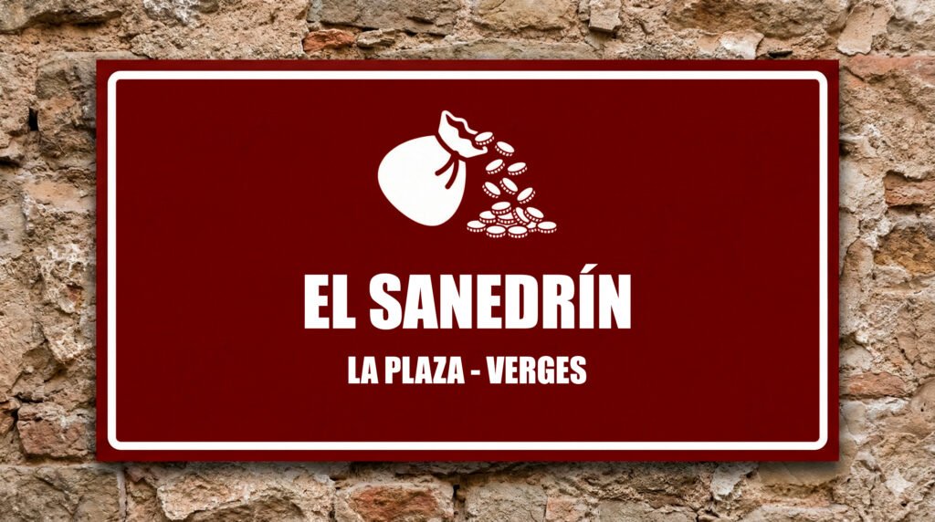 Icono de bolsa de monedas sobre fondo granate, escena del Sanedrín.