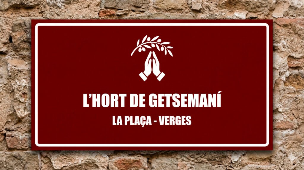 Icona de mans resant sota una branca d'olivera sobre fons grana, escena de l'Hort de Getsemaní.