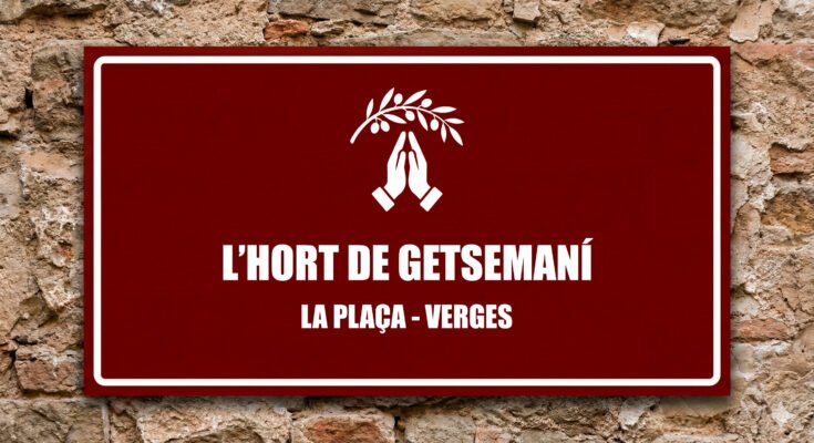 Icona de mans resant sota una branca d'olivera sobre fons grana, escena de l'Hort de Getsemaní.