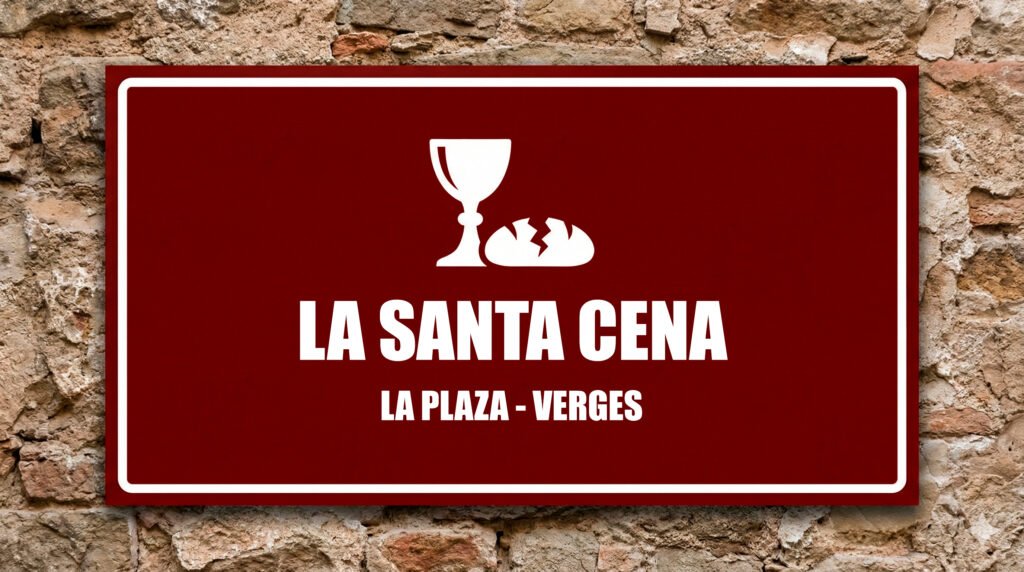 Icono de cáliz y pan sobre fondo granate, La Santa Cena.