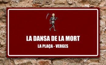 Icona d'un esquelet amb la dalla sobre fons grana, representant la Dansa de la Mort de Verges.