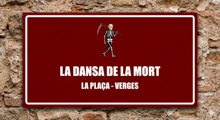 Icona d'un esquelet amb la dalla sobre fons grana, representant la Dansa de la Mort de Verges.