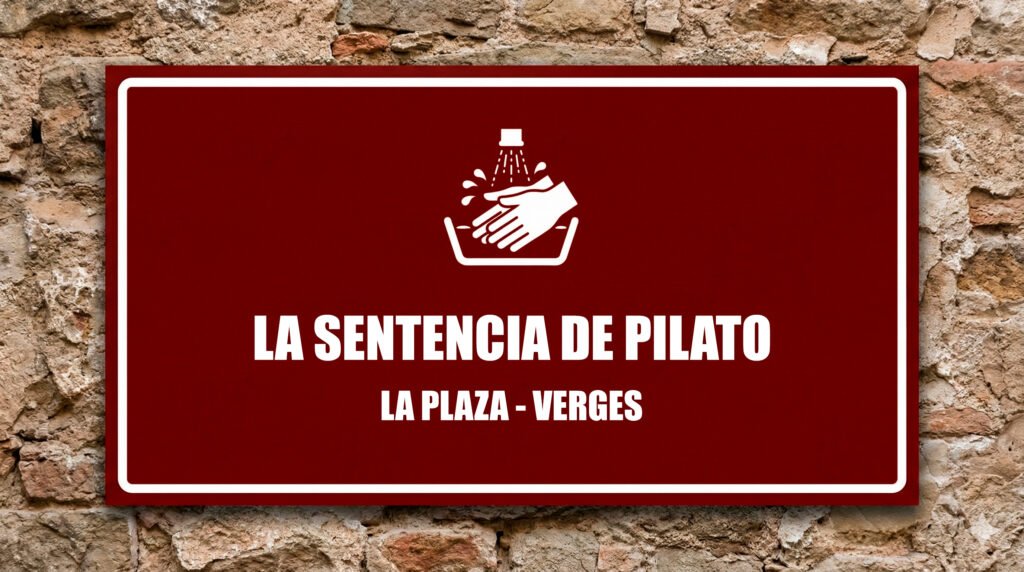 Icono de manos lavándose sobre fondo granate, Sentencia de Pilato.