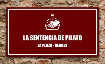 Icono de manos lavándose sobre fondo granate, Sentencia de Pilato.