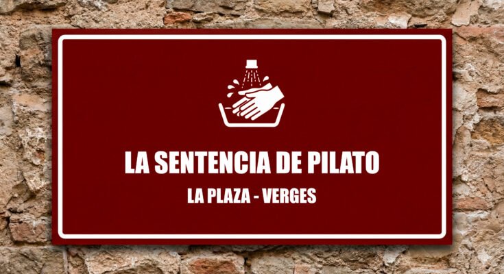 Icono de manos lavándose sobre fondo granate, Sentencia de Pilato.