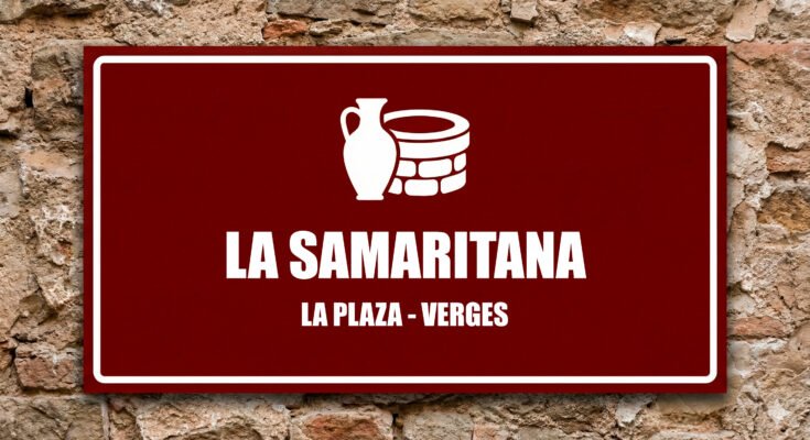 Icono de cántaro y pozo sobre fondo granate, escena de La Samaritana.