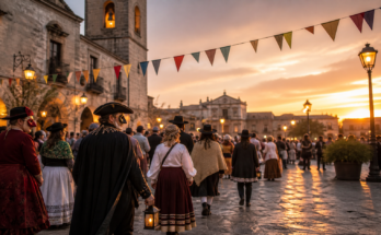 Últim dia de Carnestoltes en una plaça històrica al capvespre