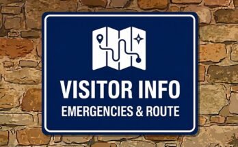 Map on a blue sign reading “Visitor Info · Emergencies & Route”.