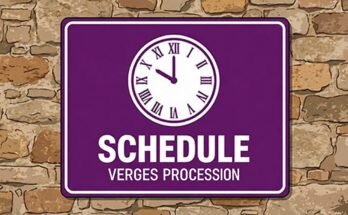 Clock on a purple sign reading “Schedule · Verges Procession”.