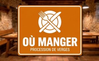 Panneau orange avec une assiette et des couverts, portant le texte «Où manger · Procession de Verges».