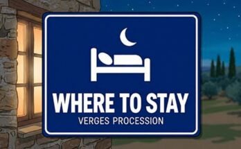 Blue sign with a bed and crescent moon reading “Where to Stay · Verges Procession”.