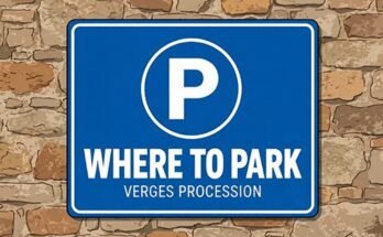 Blue parking sign with a white P and the words “Where to Park · Verges Procession”.