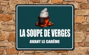 Marmite fumante sur un feu de bois et le texte «La Soupe de Verges · Avant le Carême».