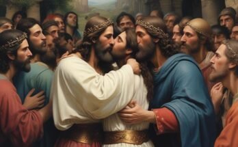 Ilustración del beso de Judas a Jesús, rodeados por los discípulos.