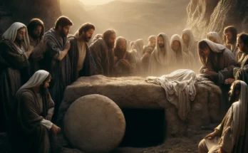 Escena ilustrada del sepulcro de Jesús, con el sudario y los discípulos reunidos.