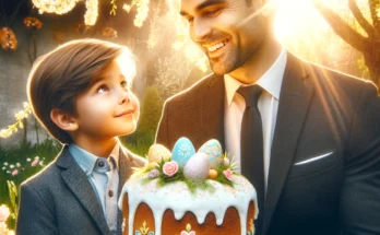 Ilustración de un padrino que regala una mona de Pascua a su ahijado.