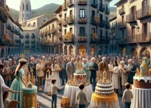 Escena ilustrada de una plaza con familias reunidas y monas de Pascua.