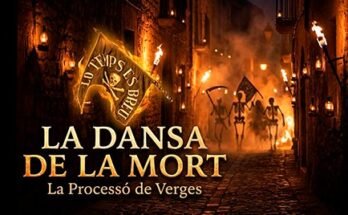 Imagen de contexto de la Danza de la Muerte de Verges con los danzantes y las antorchas.