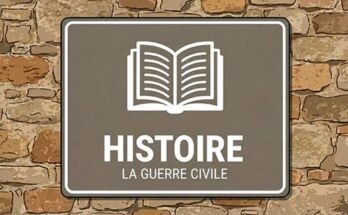 Livre ouvert blanc sur un panneau gris portant le texte «Histoire · La Guerre Civile».