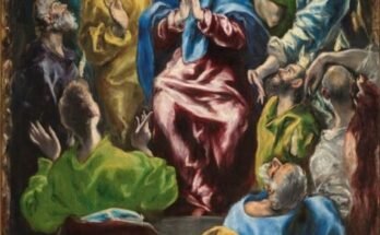 Pintura de Pentecostés con los apóstoles reunidos bajo la luz del Espíritu Santo.