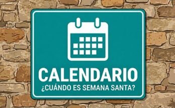 Icono blanco de un calendario en un cartel verde turquesa con el texto «Calendario · ¿Cuándo es Semana Santa?».
