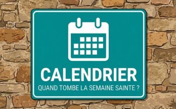 Icône blanche d'un calendrier sur un panneau turquoise «Calendrier · Quand tombe la Semaine sainte ?».