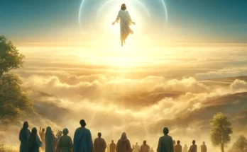 Ilustración de Jesús elevándose sobre las nubes ante sus discípulos.