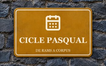 Rètol ocre sobre un mur de pissarra amb un pictograma i el text «CICLE PASQUAL».