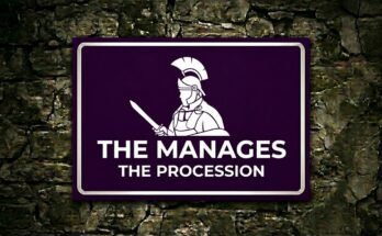 White Roman guard holding a sword on a purple sign reading “The Manages · The Procession”.