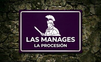 Soldado romano blanco con espada en un cartel morado «Las Manages · La Procesión».
