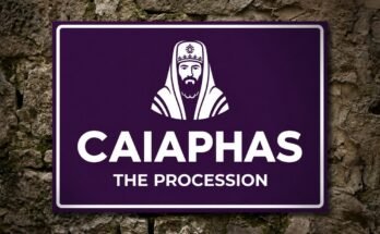 White portrait of Caiaphas on a purple sign reading “Caiaphas · The Procession”.