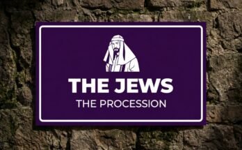 White robed figure on a purple sign reading “The Jews · The Procession”.