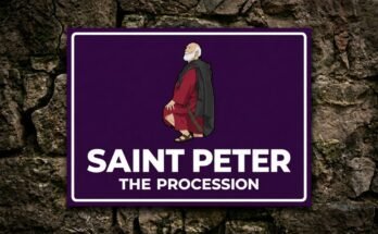 Saint Peter in a red robe on a purple sign reading “Saint Peter · The Procession”.