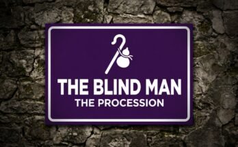 White staff and gourd on a purple sign reading “The Blind Man · The Procession”.