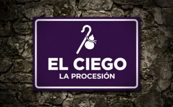 Bastón y calabaza blancos en un cartel morado «El Ciego · La Procesión».