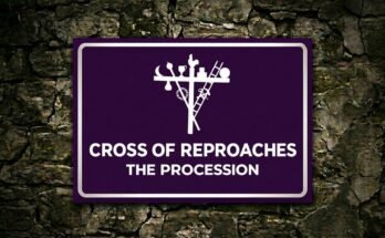 White cross bearing symbols of the Passion on a purple sign reading “Cross of Reproaches · The Procession”.